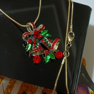 Red Crystal Embellished Bell Christmas Necklace Brooch Silver